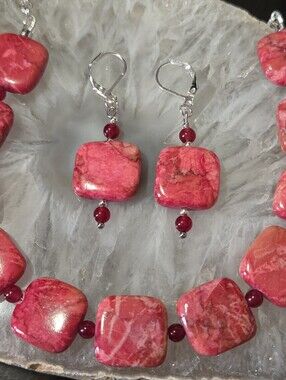 Artisan Pink Sea Sediment Jasper And Ruby Earring And Necklace Set